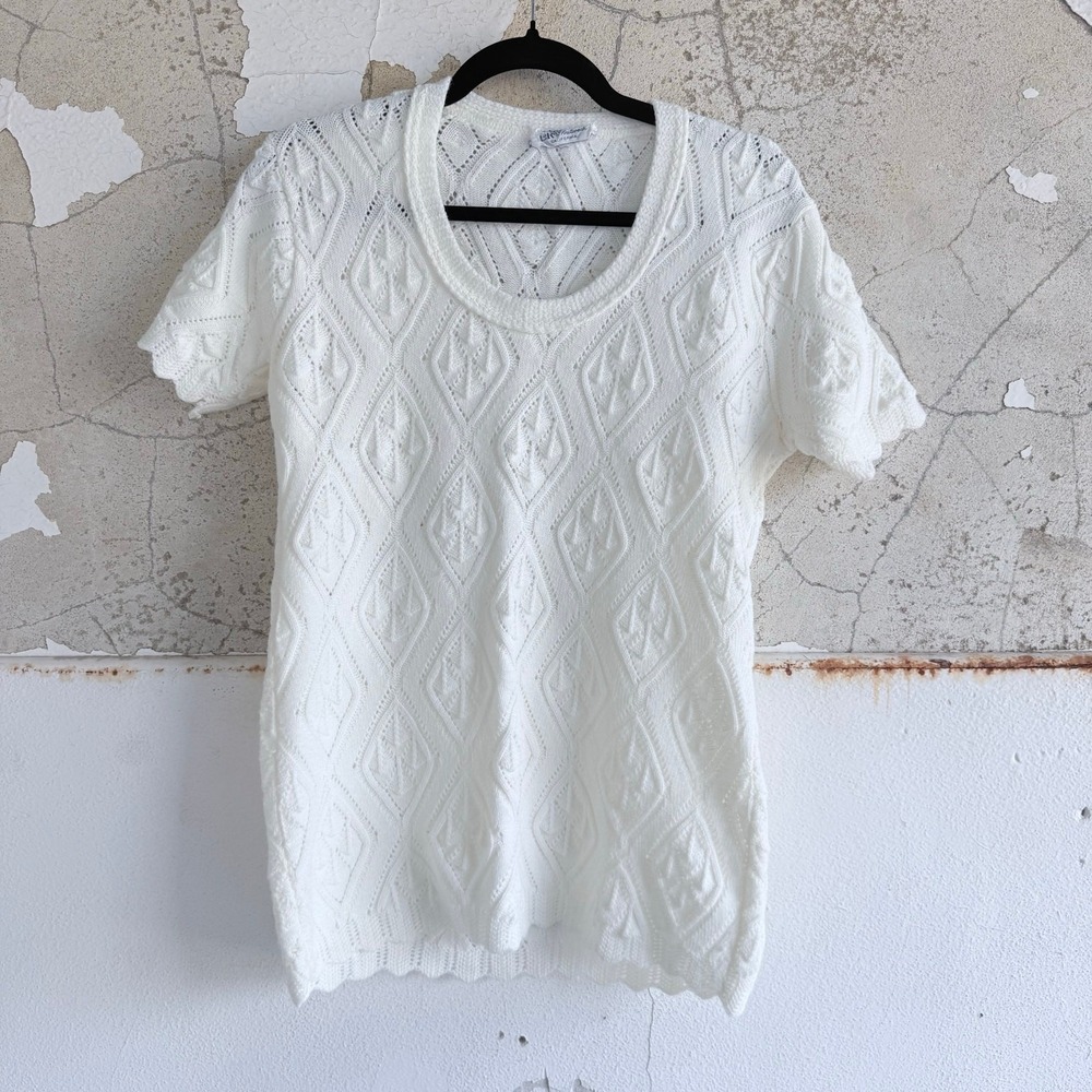 Vintage Pointelle Knit Sweater Short Sleeve Diamond Pattern White Top LeRoy 70s